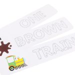 کارت تمرین نوشتاری با جای خالی کلمه — ONE، BROWN، TRAIN همراه تصویر
