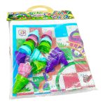 بسته سلفونی منچ و مارپله پارچه‌ای DTA4012 — صفحه تا‌شده به‌همراه مهره‌های مخروطی رنگی