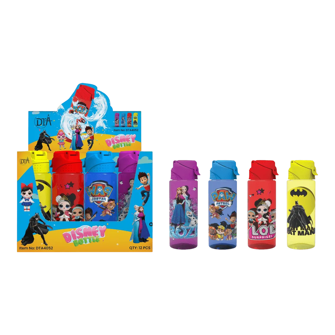 باکس ۱۲ عددی قمقمه رویسا — نمایش رنگ‌ها و طرح‌های کارتونی (نمونه: Frozen، Paw Patrol، LOL، Batman)