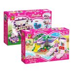 دو زاویه از بسته لگو باربی Pool/Garden Set — جعبه‌ها و مدل‌های ساخته‌شده