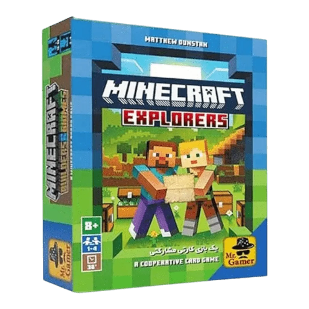 جلد جلویی جعبه بازی ماینکرفت جویندگان گنج Minecraft Explorers با تصویر کاراکترهای ماینکرفتی و لوگوی Mr.Gamer