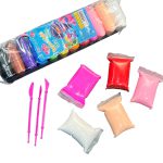 محتویات بسته خمیر کلی شامل 12 رنگ و ابزار فرم دهی